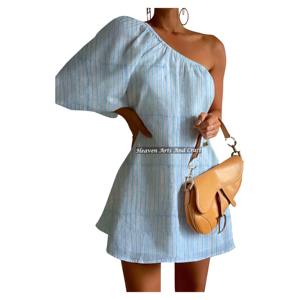 Robe de plage estivale 2026 à découpes, épaule dénudée, manches bouffantes, imprimé artisanal, très tendance pour femme, idéale pour les tenues décontractées - Product Image 2