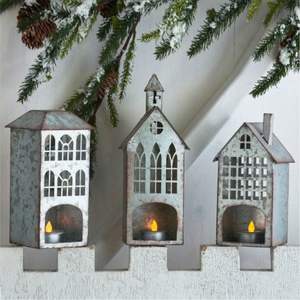 Vintage Galvanized Metal House Candle Holder <b>Set</b> Rustic Farmhouse Christmas Village Tea Light <b>Lanterns</b> for Holiday Home Decor - Product Image 1