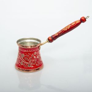Cafetera Turca de Cobre con Diseño Floral Rojo y Asa de Madera, Estilo Oriental - Product Image 1