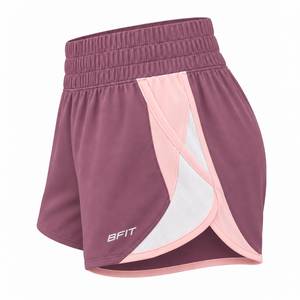 Shorts de course athlétiques pour femmes avec cordon de serrage, taille mi-haute élastique, en maille tissée à séchage rapide, côtés en maille unie, violet, rose, blanc - Product Image 4