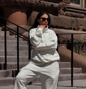 Womens White Half Zip Sweatshirt And Matching <b>Joggers</b> Set Premium Heavyweight Fleece Pullover Loungewear Two Piece Outfit - Product Image 2