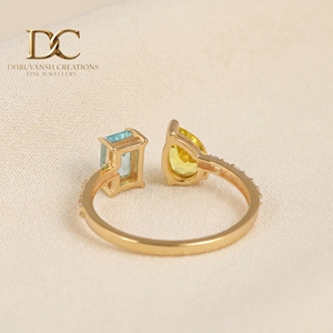 แหวนทองคำแท้ 14K ประดับเพชรเพาะเลี้ยงและพลอยสีฟ้าพาราอิบาสีน้ำเงินและสีเหลืองเพาะเลี้ยงสำหรับผู้หญิง เครื่องประดับงานแต่งงานชั้นดี - Product Image 4