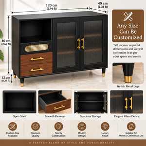 Buffet Modulaire Moderne et Durable avec Portes Vitrées, Tiroirs en Bois, Poignées Dorées et Accents en Rotin – Rangement Élégant pour Salon - Product Image 3