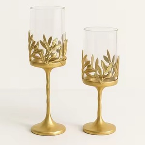 <b>Glass</b> <b>Candle</b> <b>Jar</b> Stemmed Pedestal Cup Metal Olive Leaf Branch Stand Wedding Reception Dining Table Centerpiece <b>Glass</b> <b>Candle</b> <b>Jar</b> - Product Image 1