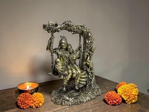Handcrafted Brass Radha Krishna Swing <b>Statue</b> Wax Casting Jhula Idol Home Temple Decor - Product Image 2