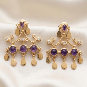 Hot Selling Gold Plated Brass Amethyst Chandelier <b>Earrings</b>, Party wear statement <b>earrings</b> for women - Product Image 3