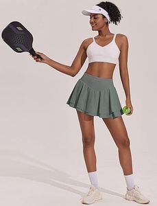 Women White V-Neck <b>Spaghetti</b> <b>Strap</b> Crop Top With Green Pleated Skirt Pickleball Apparel Moisture Wicking Fitted Sport Set - Product Image 1