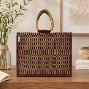 Custom Logo Laminated Jute Tote Bag Geometric Maroon Reusable Shopping Promotional <b>Gift</b> Bag 40x32x15 cm Wholesale Manufacturer - Product Image 6