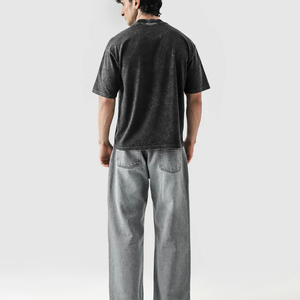 T-shirt décontracté pour homme en coton 100% écologique, noir délavé, à manches courtes, col rond, coupe oversize, couleur unie, tricot jersey vierge - Product Image 2