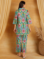 Ensemble deux pièces en coton imprimé bohème pour femmes, tunique longue et pantalon avec col mandarin, manches trois quarts, coupe ample, printemps été