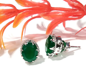 Boucles d'oreilles ovales en onyx vert naturel, en argent sterling 925, bijoux en pierres précieuses faits à la main, cadeau élégant pour femmes - Product Image 5