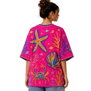 Camiseta Gráfica Oversize Rosa Fucsia para Mujer, Estampado Oceánico Colorido, Algodón Casual, Estilo Urbano, Ajuste Holgado de Verano, Personalizable OEM ODM al por Mayor - Product Image 2
