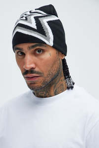 Bonnet élégant en tricot avec motif étoile, noir, blanc, gris, design géométrique, unisexe, adulte, couvre-chef décontracté pour l'hiver - Product Image 2