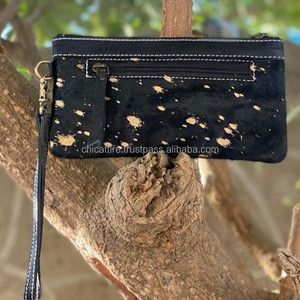 Portefeuille d'embrayage en cuir repoussé à la main cheveux sur sac à main en cuir de fourrure métallique noir élégant portefeuilles de couleur noire portefeuilles uniques pour les femmes - Product Image 6