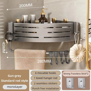 Panier de rangement mural <span class=keywords><strong>pour</strong></span> douche, fixation par ventouse sans perçage, aluminium antirouille, protection à 2 niveaux, <span class=keywords><strong>pour</strong></span> les coins, comprend une barre porte-serviettes - Product Image 2