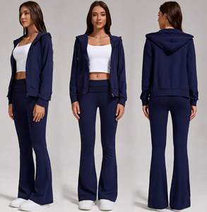 Ensemble de survêtement bleu marine pour femme, tenue de sport décontractée élégante, sweat à capuche zippé et pantalon de jogging assorti, vêtements de sport - Product Image 3