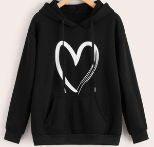 Sweat-shirt à capuche noir pour femme avec imprimé cœur blanc, manches longues, en coton tricoté, décontracté, hiver, logo frontal - Product Image 3