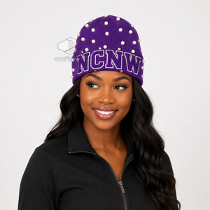 NCNW Sorority Women's <b>Purple</b> Pearl Embellished Knit Beanie Chenille Embroidered Greek Letter Casual Winter <b>Hat</b> - Product Image 5