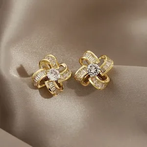 Moissanite Flower <b>Stud</b> Earrings 925 Sterling <b>Silver</b> Gold Plated Luxury Baguette Round Cut Claw Setting Trendy Bridal Jewelry - Product Image 1
