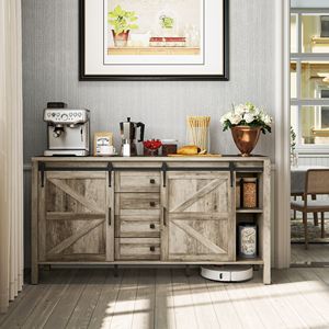 59\" Gray Wash Farmhouse Buffet Cabinet <b>Sideboard</b> with Thick Top 2 Barn Doors 4 Drawers 2 Adjustable Shelves for Villa Dining - Product Image 2