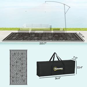 Tapis d'extérieur réversible noir et gris à motif losanges 9FT X 18FT en paille plastique imperméable avec sac de transport - Product Image 3
