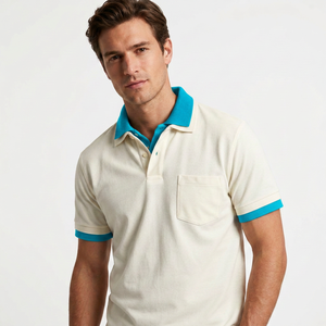 เสื้อโปโลผ้าฝ้ายผู้ชายสีดำ มีกระเป๋าหน้าอก แขนสั้น สไตล์ลำลอง - Product Image 4