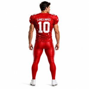 Uniforme de football américain rouge personnalisé pour hommes avec impression d'étoiles, numéro 10, vêtements d'entraînement, ensemble de maillot en polyester respirant - Product Image 4
