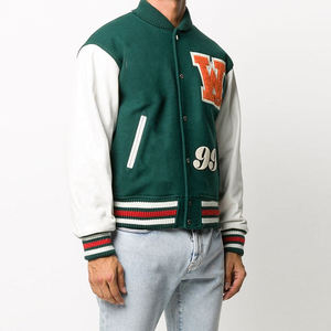 Green Varsity <b>Jacket</b> With Orange W Applique And 99 Number Preppy Style Turn-down Collar Regular Fit Autumn Wear - Product Image 3