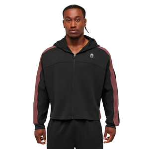 Sudadera con capucha negra para hombre con cremallera, paneles de contraste en las mangas, forro polar premium, estilo deportivo informal y urbano. - Product Image 1