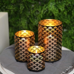 Matte Black And Gold Metal <b>Lanterns</b> With Scallop Laser Cut Pattern <b>Set</b> Of 3 Cylindrical Votive Holder For Festive Ambiance - Product Image 4