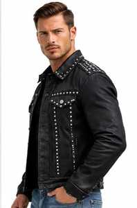 Veste en cuir noire pour homme, style punk, avec rivets et clous, col rabattu - Product Image 3