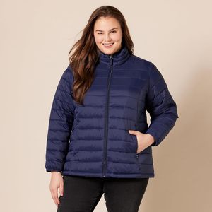 Women's Navy Quilted Jacket Stand Collar <b>Full</b> Sleeve Zipper Closure Solid Color Winter Puffer <b>Coat</b> Regular <b>Length</b> - Product Image 1