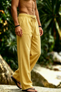 Pantalon large en lin léger pour homme, taille élastique avec cordon de serrage, décontracté, pour l'été - Product Image 3