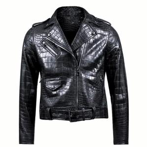 Veste d'hiver en cuir véritable gaufré croco de qualité supérieure pour homme, noire élégante, style motard, avec ceinture à la taille, fermetures éclair argentées, respirante, vintage - Product Image 3