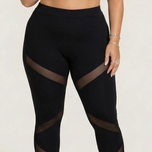 High Waisted Black <b>Leggings</b> With <b>Mesh</b> Panels Full Length Stretch Knitted Sporty Style Seamless Design For Women Plus Size - Product Image 1