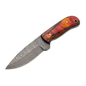 Couteau de chasse à lame fixe en acier Damas de qualité industrielle avec manche en bois de burl d'orange, idéal pour la survie en extérieur et le camping - Product Image 3