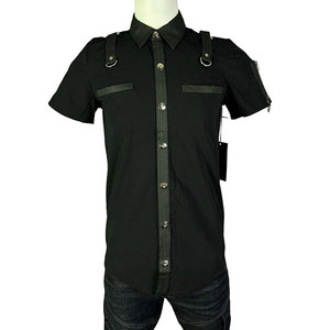 <b>Men's</b> Gothic Punk Short Sleeve Shirt Street Style Black Cotton Button Up with Metal D-Rings and Vegan Leather - Product Image 1