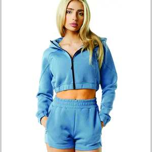 OEM/ODM Women's Blue Hooded Crop <b>Top</b> Shorts Set Fleece Full Sleeve Casual Sportswear Streetwear Breathable 100% Cotton Spring - Product Image 1