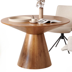 โต๊ะรับประทานอาหารทรงกลมไม้มะม่วงสีน้ำผึ้งสไตล์โมเดิร์นสำหรับตกแต่งบ้าน พร้อมฐานไม้ทรงสวยงาม - Product Image 1