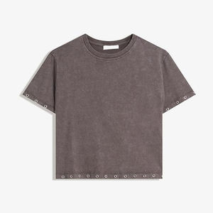 Camiseta Corta Casual de Verano para Mujer con Cuello Redondo, Manga Raglán, Ribete en Contraste y Detalles Metálicos en el Bajo y Mangas - Product Image 3