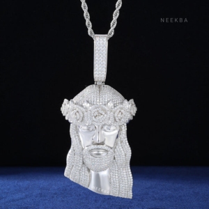 Pendentif Tête de Jésus Couronne de Roses - Pendentif en Argent Sterling 925 avec Moissanite, Pendentif Tête de Jésus Glacé Style Hip Hop, Pendentif Tête de Christ - Product Image 1