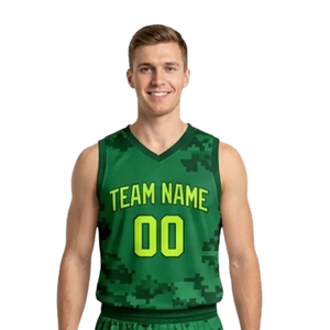 Conjunto de Uniforme de Baloncesto Personalizado para Hombre, Camuflaje Digital Verde, Jersey sin Mangas con Cuello en V, Pantalones Cortos, Números Amarillos Neón, Venta al Por Mayor - Product Image 3