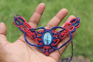 Labradorite Macrame <b>Necklace</b> Red Blue Thread Oval Gem Boho Handmade <b>Statement</b> Jewelry for Women - Product Image 4