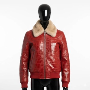 Chaqueta de Cuero Roja para Hombre, Estilo Bomber, con Cuello de Piel con Estampado de Cocodrilo, Cierre Frontal con Cremallera, Resistente al Viento, Estilo Motero para Invierno - Product Image 4