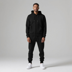 Conjunto Deportivo Unisex con Sudadera con Cremallera Completa Negra, Pantalones Deportivos de Felpa Casuales para Todas las Temporadas, Corte Regular, Color Sólido, con Bolsillos, Zapatillas Blancas - Product Image 3
