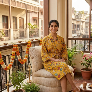 Bata kimono de algodón con estampado floral amarillo mostaza para mujer, de manga larga, para estar en casa, con cinturón y bolsillos frontales - Product Image 2