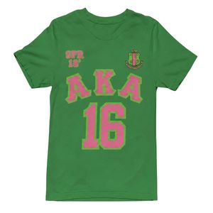 T-shirt vert personnalisé style grec à manches courtes et col rond, imprimé graphique, haut décontracté de sport pour femme, numéro 16, design avant et arrière - Product Image 1
