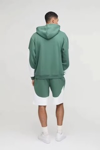Men's Color Blocking Hooded Zip-Up <b>Tracksuit</b> Set Green <b>White</b> Casual Loose Fit Full Sleeve Shorts Breathable Autumn Wear - Product Image 3