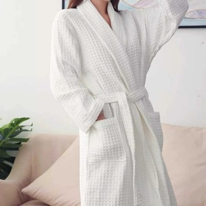 Long Sleeve Gown <b>Bathrobe</b> Casual Sleepwear Night Gown Robe Belly Belt Nightwear <b>Waffle</b> Cotton - Product Image 5