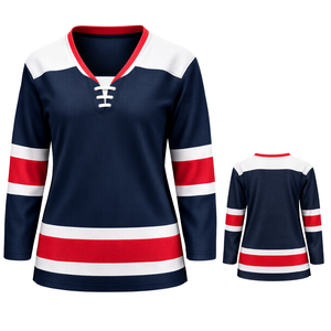 Womens Ice Hockey Jersey Navy Red Team Style Breathable <b>Athletic</b> Hockey Shirt Long Sleeve Performance Hockey Uniform - Product Image 1